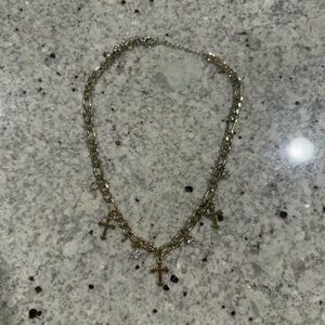 Gold Triple Cross with Rhinestone Chain Link Necklace